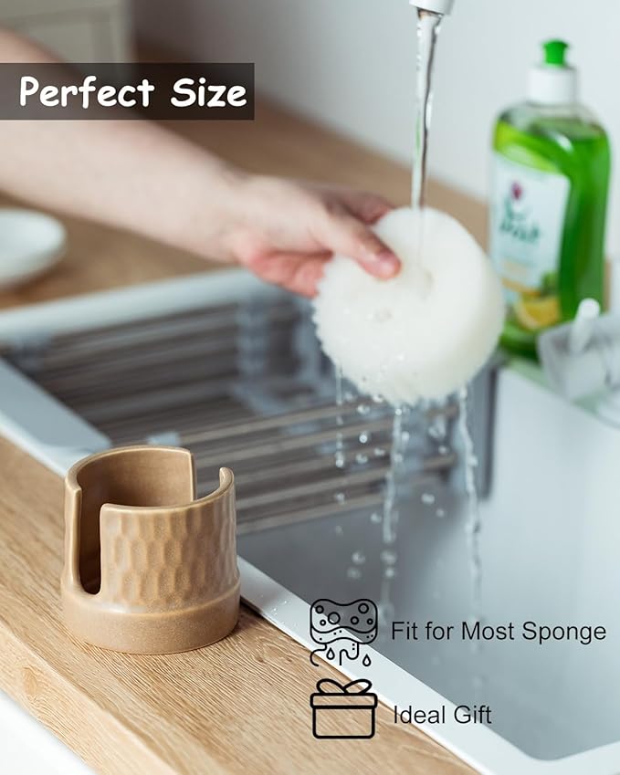 Sponge Holder for Kitchen Sink, Ceramic Sink Caddy Scrub Sponge Tray Dish Rack
