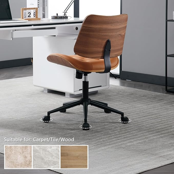 Armless Home Office Chair with Wheels, PU Leather Adjustable Height Computer