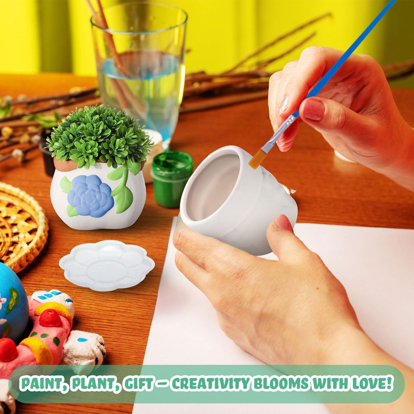 Hushee 12 Pcs Ceramic Succulent Planters White Ceramic Pots Paintable Succulent Plant Planters Containers Small DIY Figurines Unpainted Pots with Drainage Hole Paintbrushes Palettes(Flower)