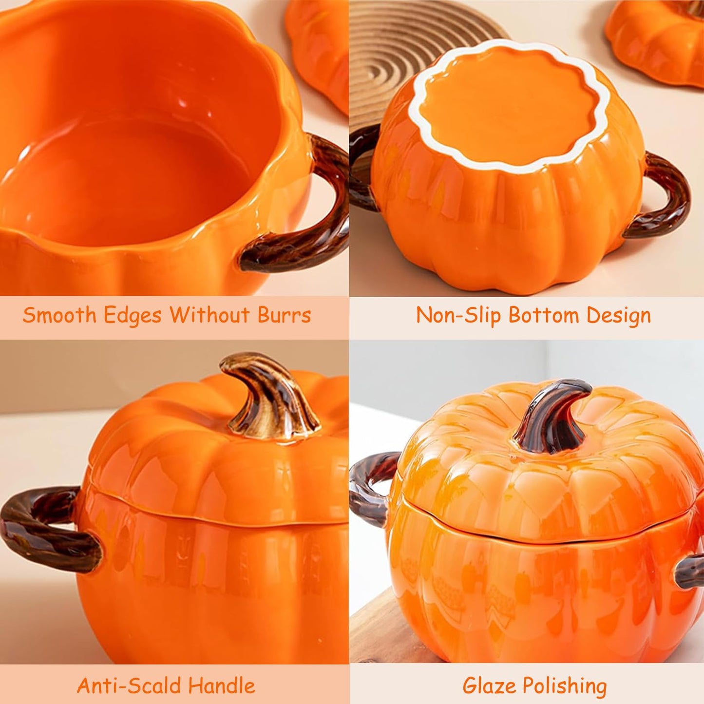 Dutch Pot with Lid, Pumpkin Shaped Ceramic Dessert Bowl, Cute Cushaw Bowl, Pumpkin Shaped Clay Pot Safe for Microwave and Dishwasher, Ideal Kitchen Decoration and Gift for Halloween (Orange)