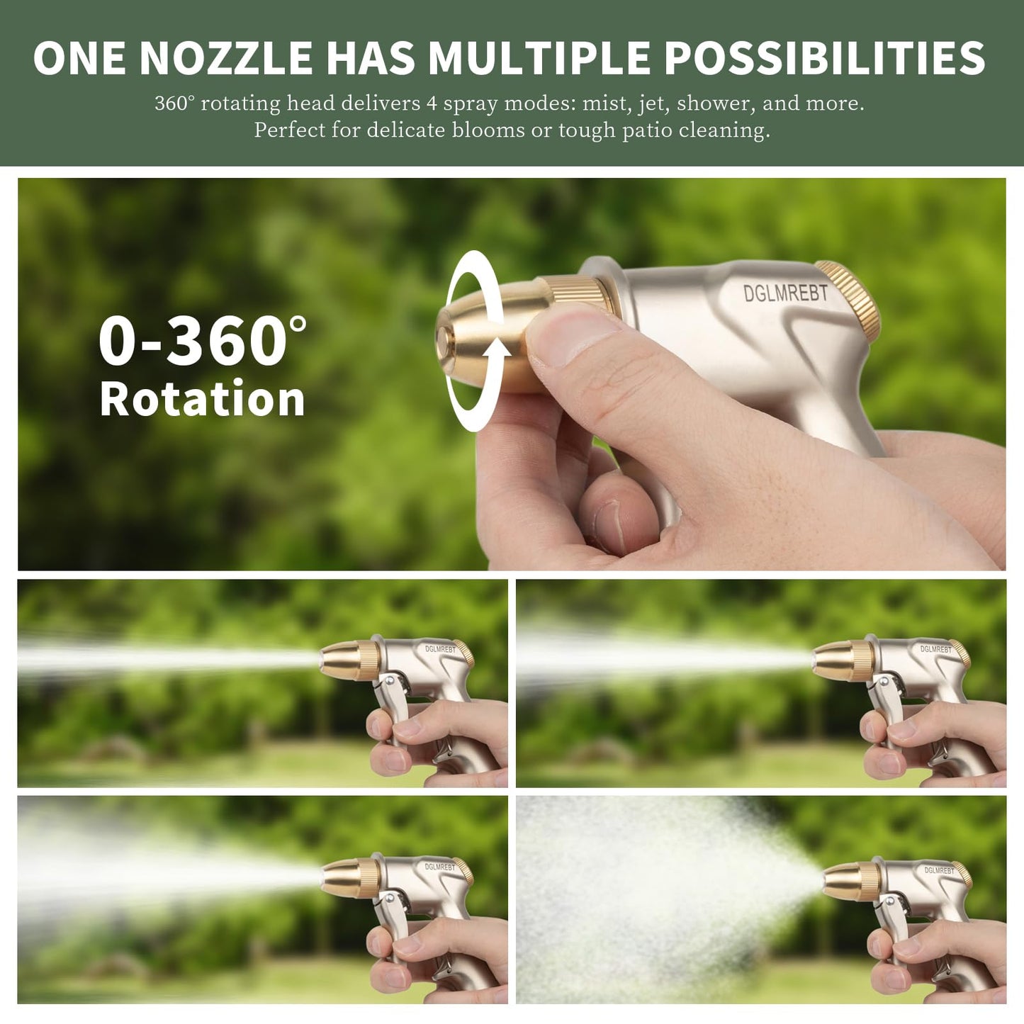 Metal Garden Hose Nozzle Spray - Heavy Duty 4 Spray Patterns 360° Rotating, Ergonomic Handle, Leak-Proof Fit for Watering, Cleaning, Car Wash(Upgrade nozzle)