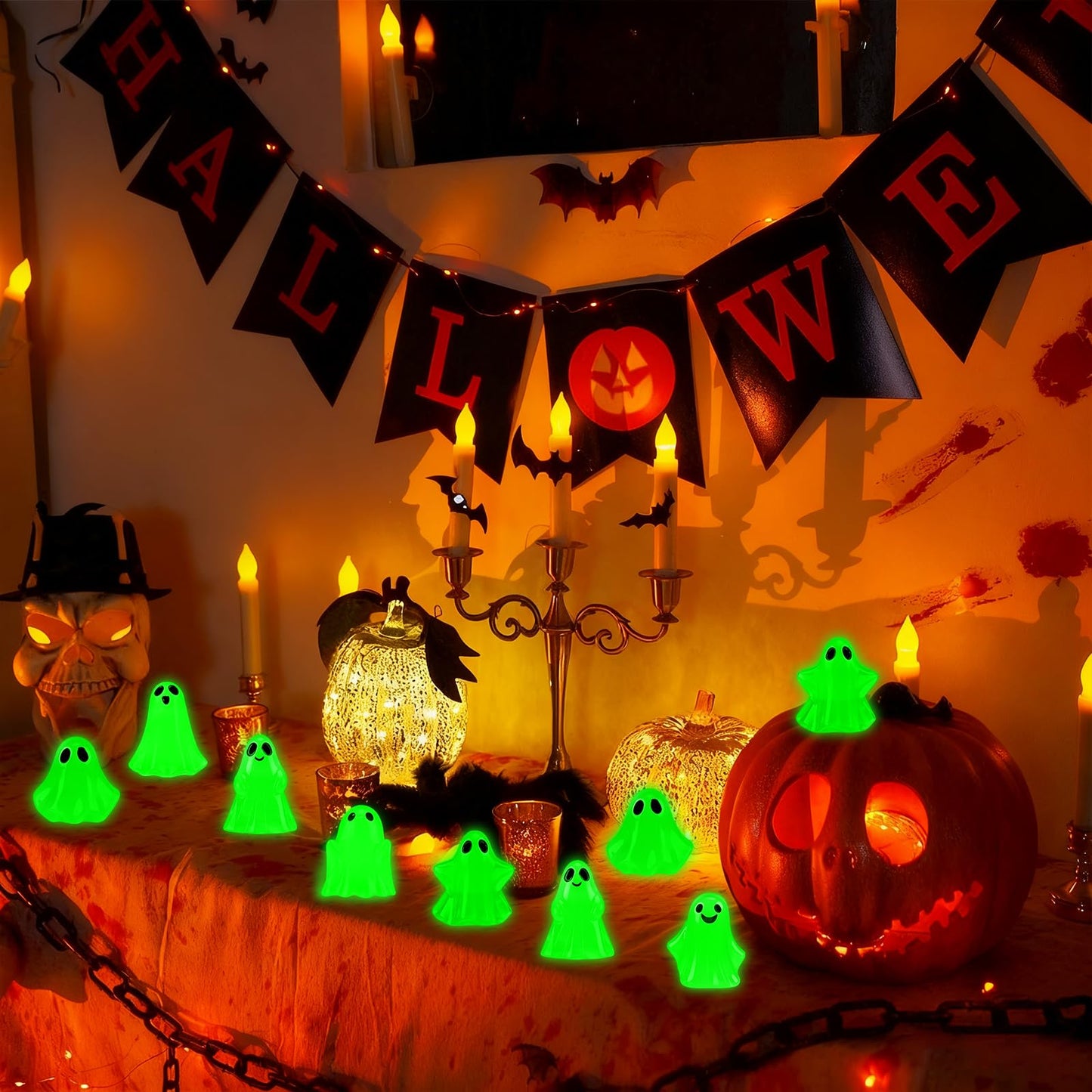 80Pcs Mini Luminous Ghost Figurines 6 Style Glow in The Dark Tiny Small Ghost Miniatures for Halloween Spooky Tiered Tray Table Centerpiece Decor Vase Filler Party Favors