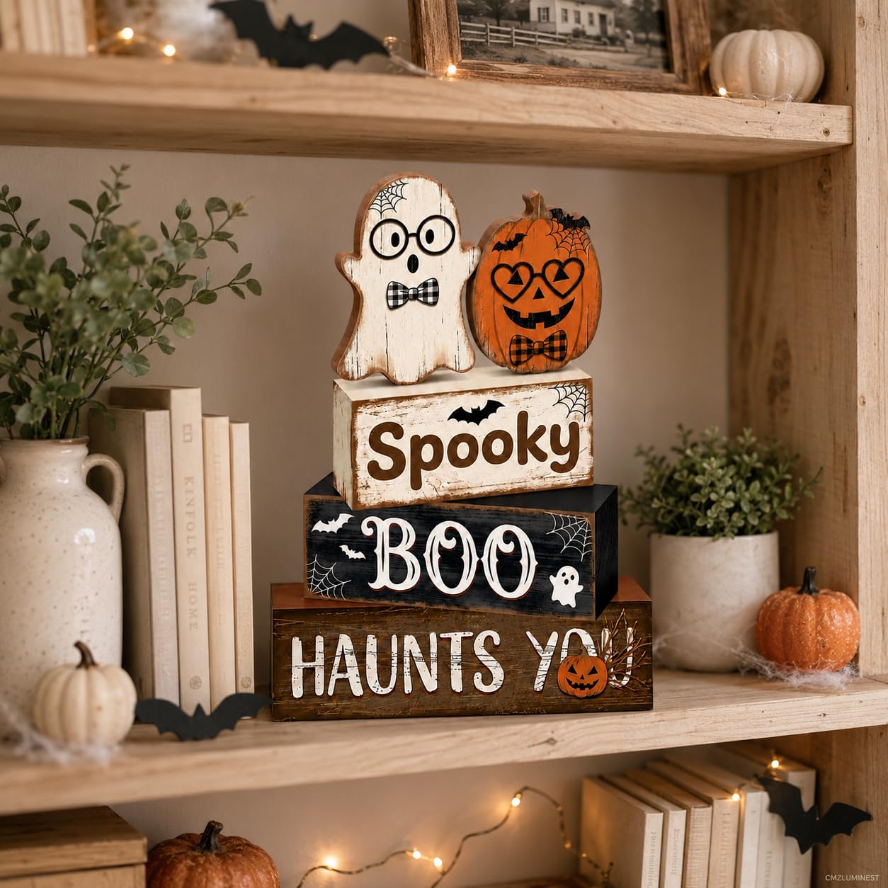 4 Pcs Halloween Decorations, Wooden Ghost and Pumpkin Block Signs Featuring Glasses Design, Farmhouse Cute Halloween Tiered Tray Decor, Spooky Boo Haunts You Table Centerpiece for Home Office Mantel Kitchen Shelf