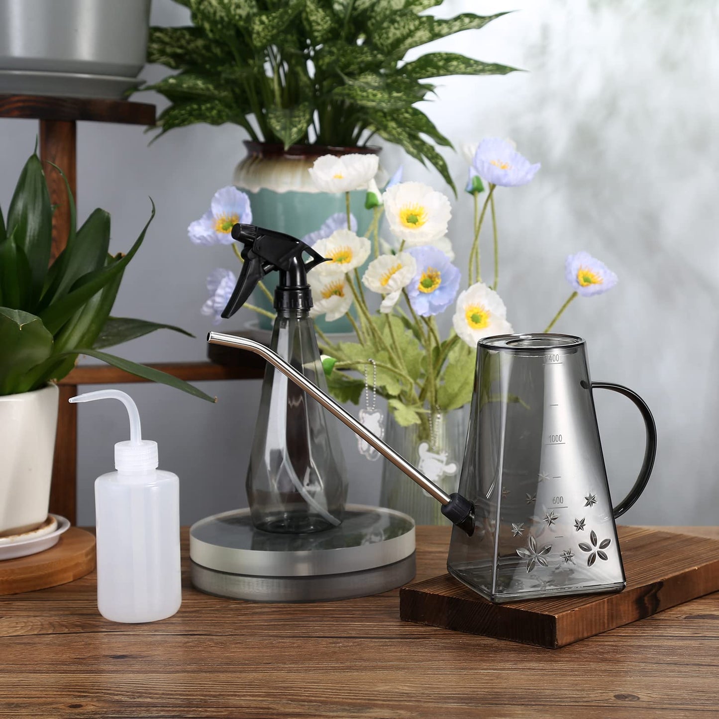 Goowin Watering Can Indoor Plants, 47 oz Long Spout House Plant Flower Watering Can, Creative Wide Opening Plastic Watering Can with 16 oz Spray Bottle & 8.5 oz Squeeze Bottle, Grey