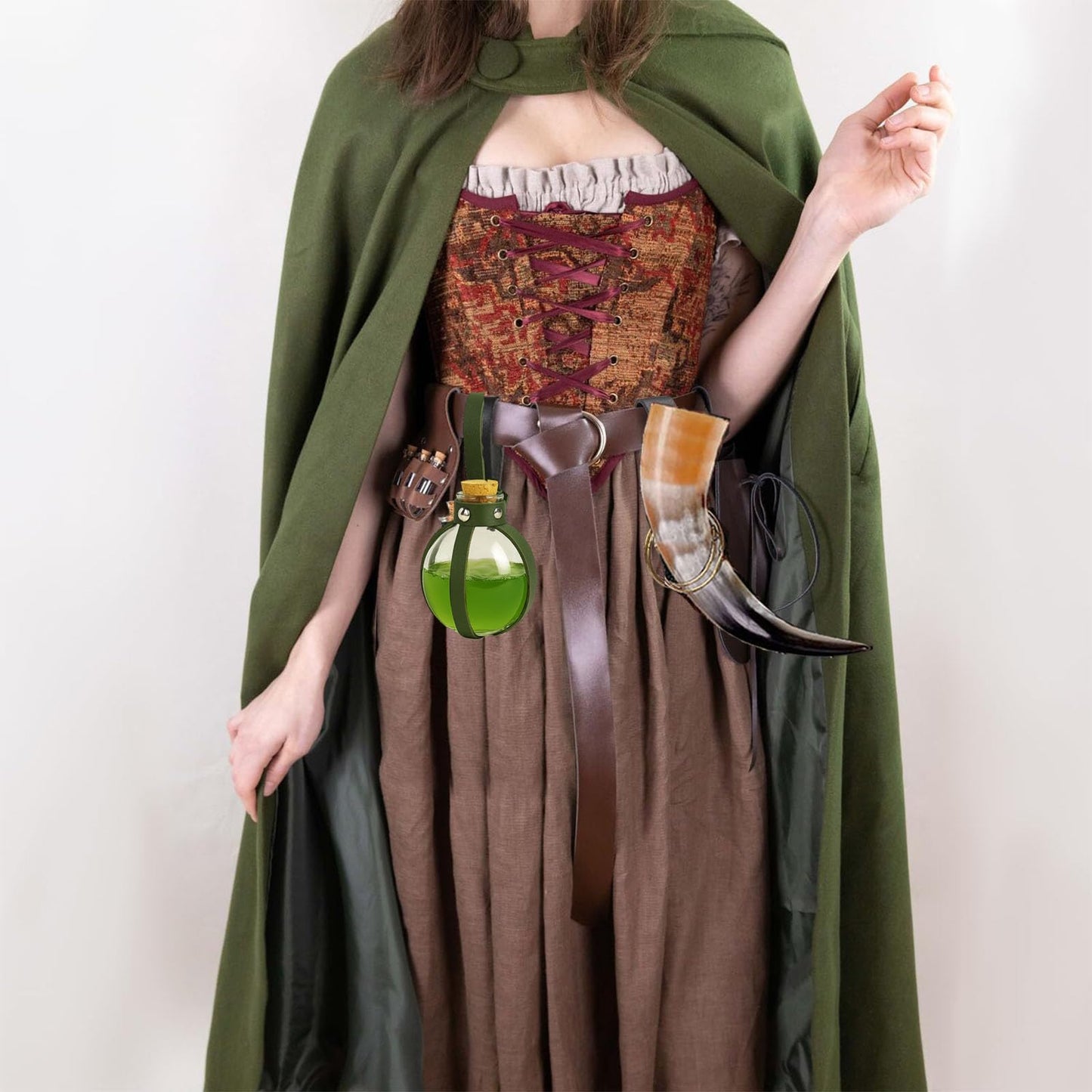 SUMGOGO Dark Magic Cork Potion Bottle Halloween Cosplay Ren Faire Witch Props Costume Accessories Round Potion Glass for Party DIY (1-Green)
