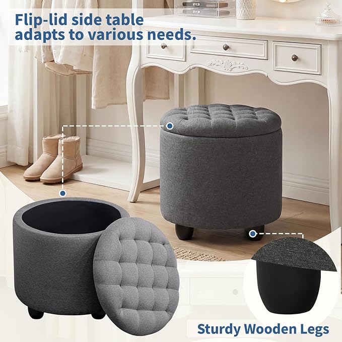 Furniliving 19 Inch Storage Round Ottoman, Footstools