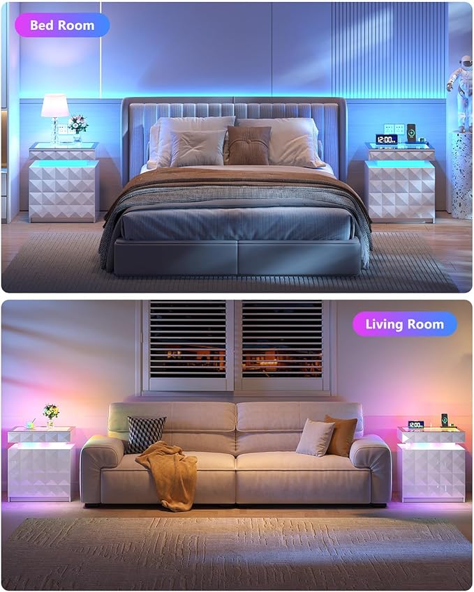 HWB Nightstand with RGB Lights, 3 Drawers Night Stand with Hidden Storage