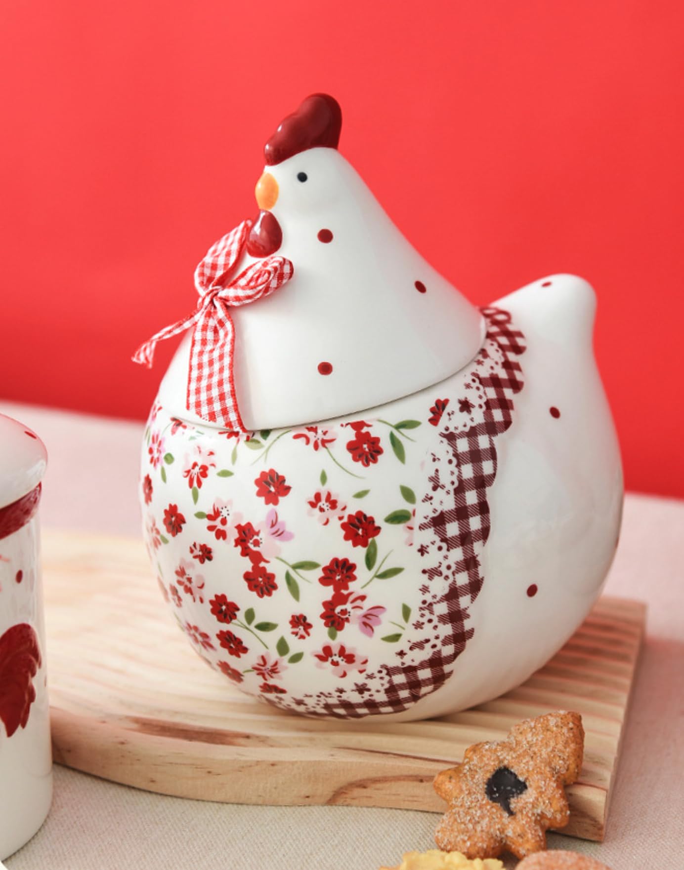 Bicuzat Rural Chicken and Flower Pattern Ceramic Easter Sugar Canister Rooster Hen Cookie Jar Ceramic Storage Jar Food Storage Can with Airtight Lid-Red-35 OZ