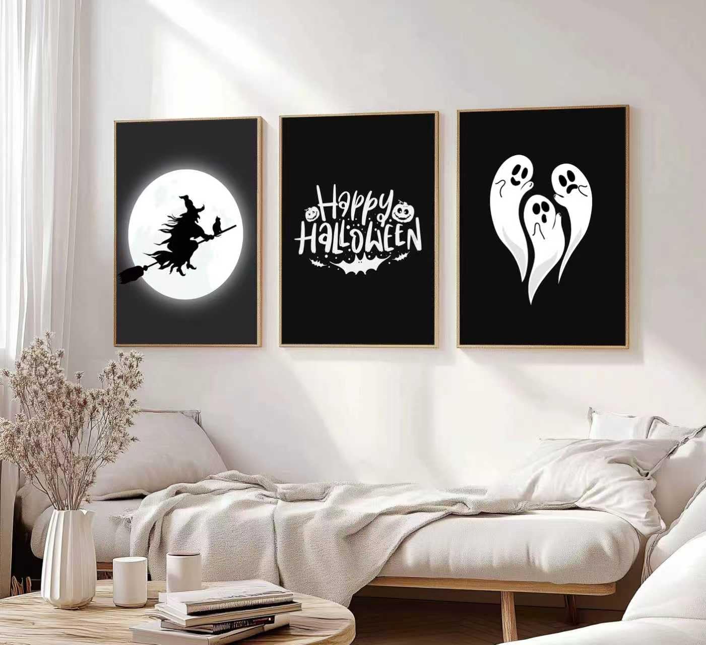 Halloween Horror Ghost Canvas wall art Witch flying on a broom Painting Picture Wall Decor Goth Dark Moody Poster Print Artwork for Halloween Party in Living Room and Bedroom Home Decoration