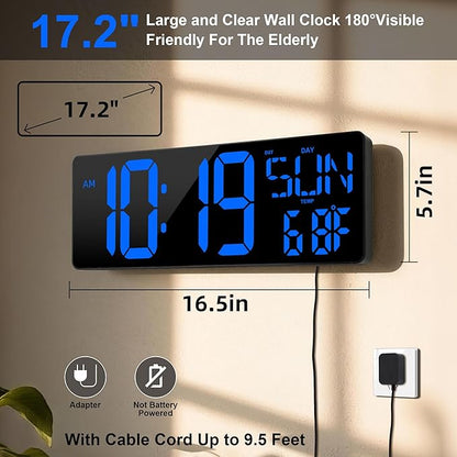 17.2"Large Digital Wall Clock Large Display with Remote Control 180°Visible | Timer with Temperature Date Week Auto DST Adjustable Brightness, for Living Room Classroom Garage Gym Gift for Senior Mom Dad