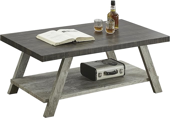 Contemporary Two-Tone Wood Shelf Coffee Table, 48 in Weathered Walnut and Gray