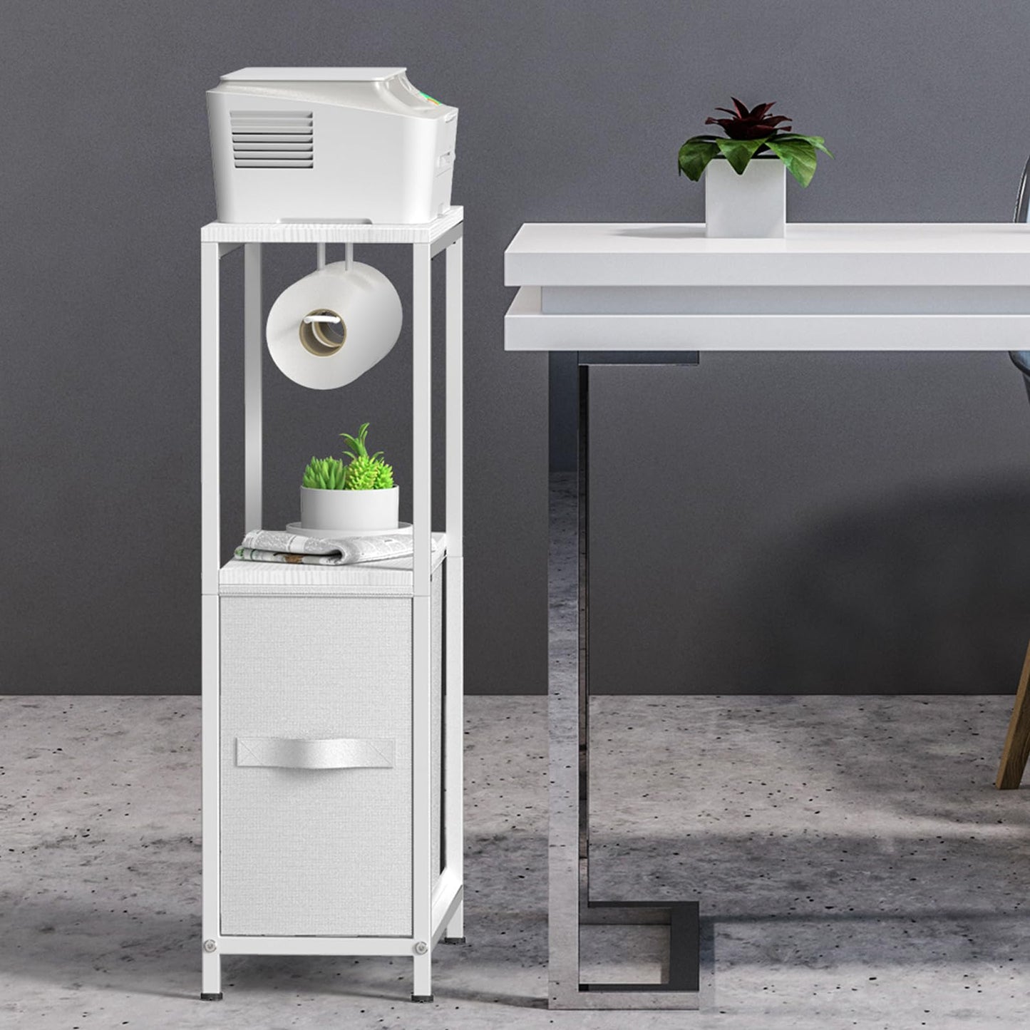 NOVIMANGO Slim Toilet Paper Storage Cabinet White, Toilet Paper Holder with Storage Bathroom Cabinet for Small Spaces Freestanding Tissue Stand with Drawer