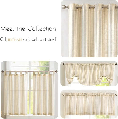 jinchan Tie Top Linen Kitchen Curtains 36 Inches Striped Tier Curtains Farmhouse Modern Cafe Style Small Window Treatments Airy Light Filtering Rod Pocket for Living Room Bathroom 2 Panels Beige
