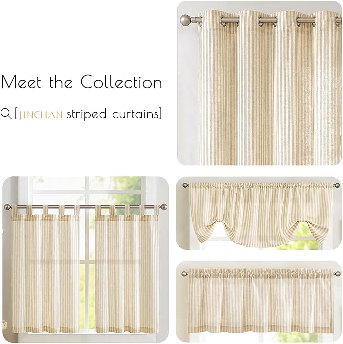 jinchan Tab Top Linen Kitchen Curtains 36 Inches Striped Tier Curtains Farmhouse Modern Cafe Style Small Window Treatments Airy Light Filtering Rod Pocket for Living Room Bathroom 2 Panels Beige