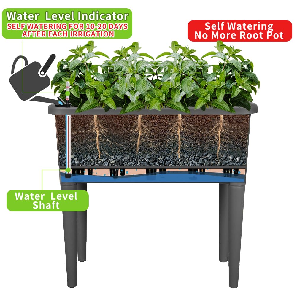 Megawodar 4 Pcs Self Watering Elevated Raised Garden Bed, Large Outdoor Plastic Planter Box Big Flower Plant Pot for Planting Flowers Vegetables and Herbs (4, Dark Grey)