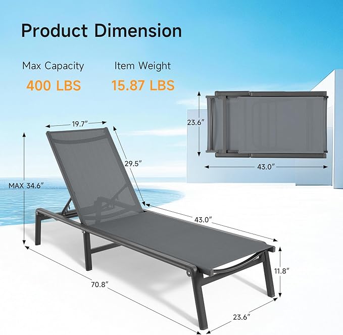 ONBRILL Aluminum Chaise Lounge Chair Outdoor, Foldable & Assembly Free Outdoor