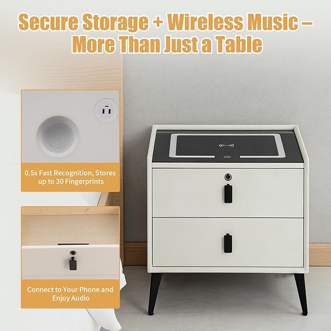 Smart Nightstand with Charging Station, Adjustable LED, USB Ports, Fingerprint
