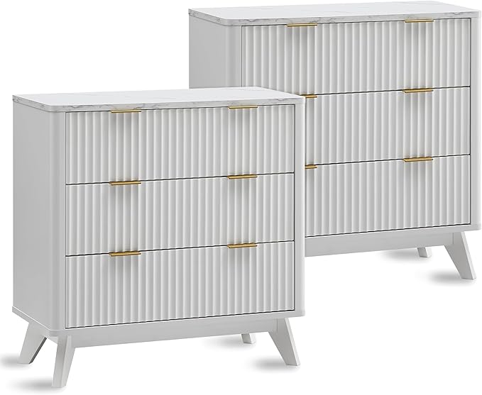T4TREAM Fluted 3 Drawers Nightstand Set of 2, Oversized Extra Large Modern Side