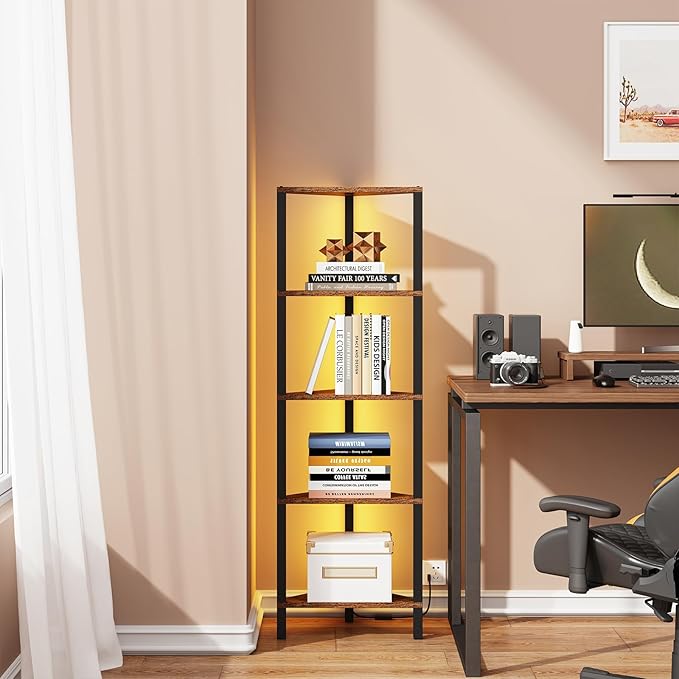 TUTOTAK Corner Shelf with LED Light, 5-Tier Corner Bookshelf