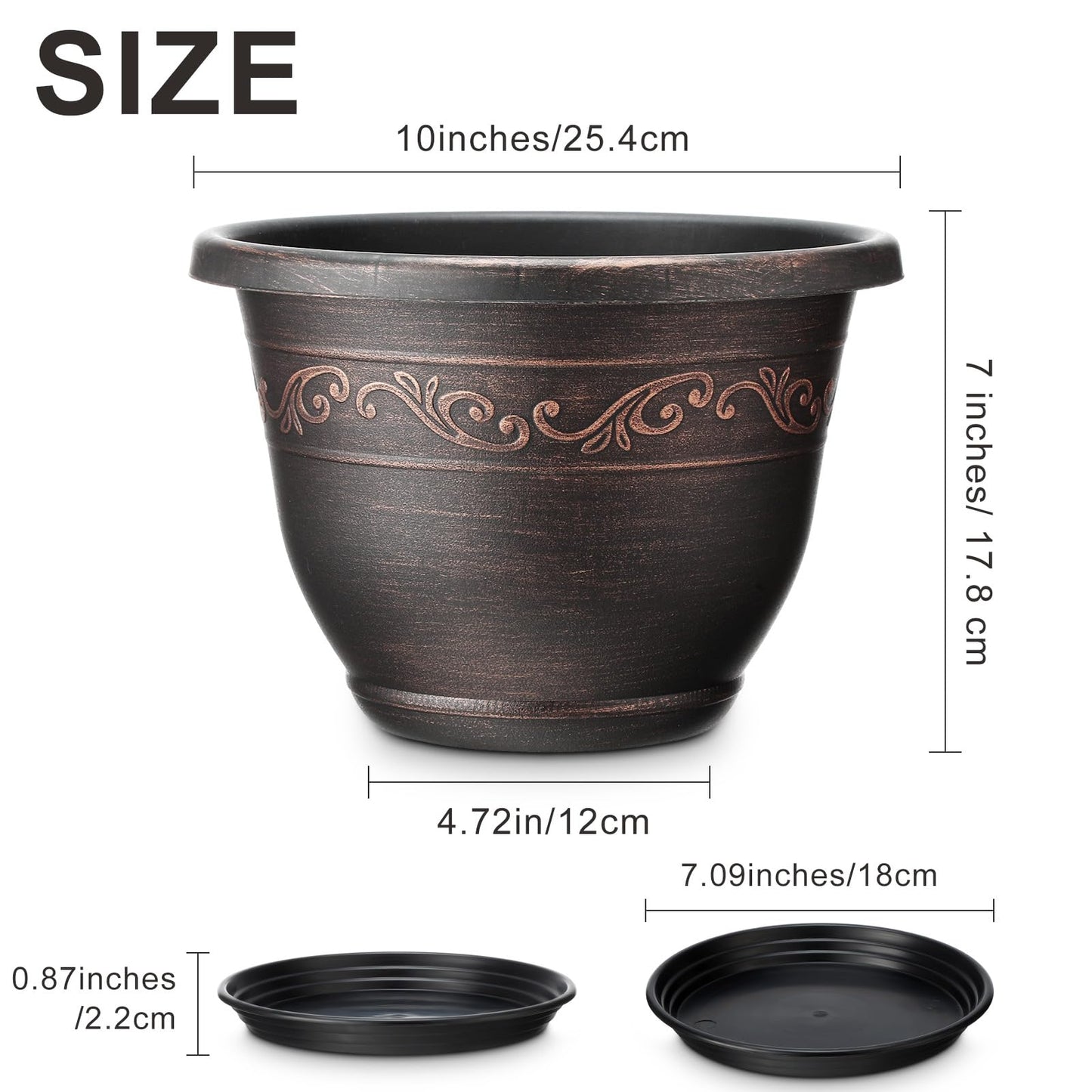 Ziliny 6 Pack 10 Inch Plant Pot Plastic Flower Planters for Indoor Outdoor with Drainage Hole and Trays Lightweight Retro Antique Imitation Decorative Garden Containers Sets with Saucer