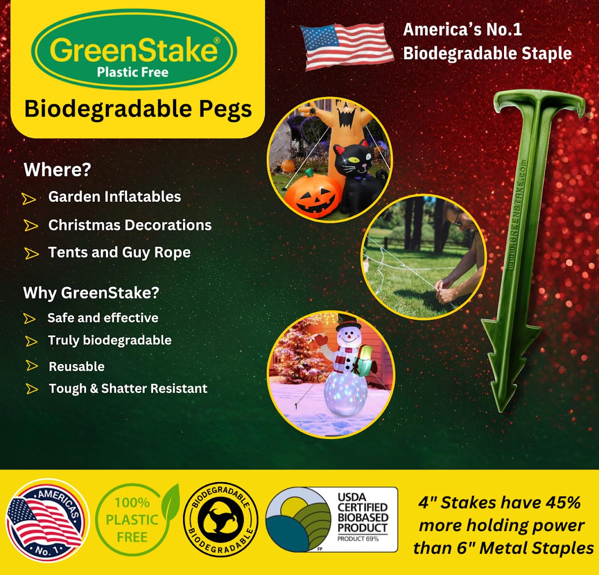 4-Inch Biodegradable Stakes, Pack of 500 - Superior Holding Power Stakes, Sod Staples for Weed Fabric, Eco-Friendly Garden Support Pegs & Fabric Pins, Netting,Turf, Landscaping and Gardening