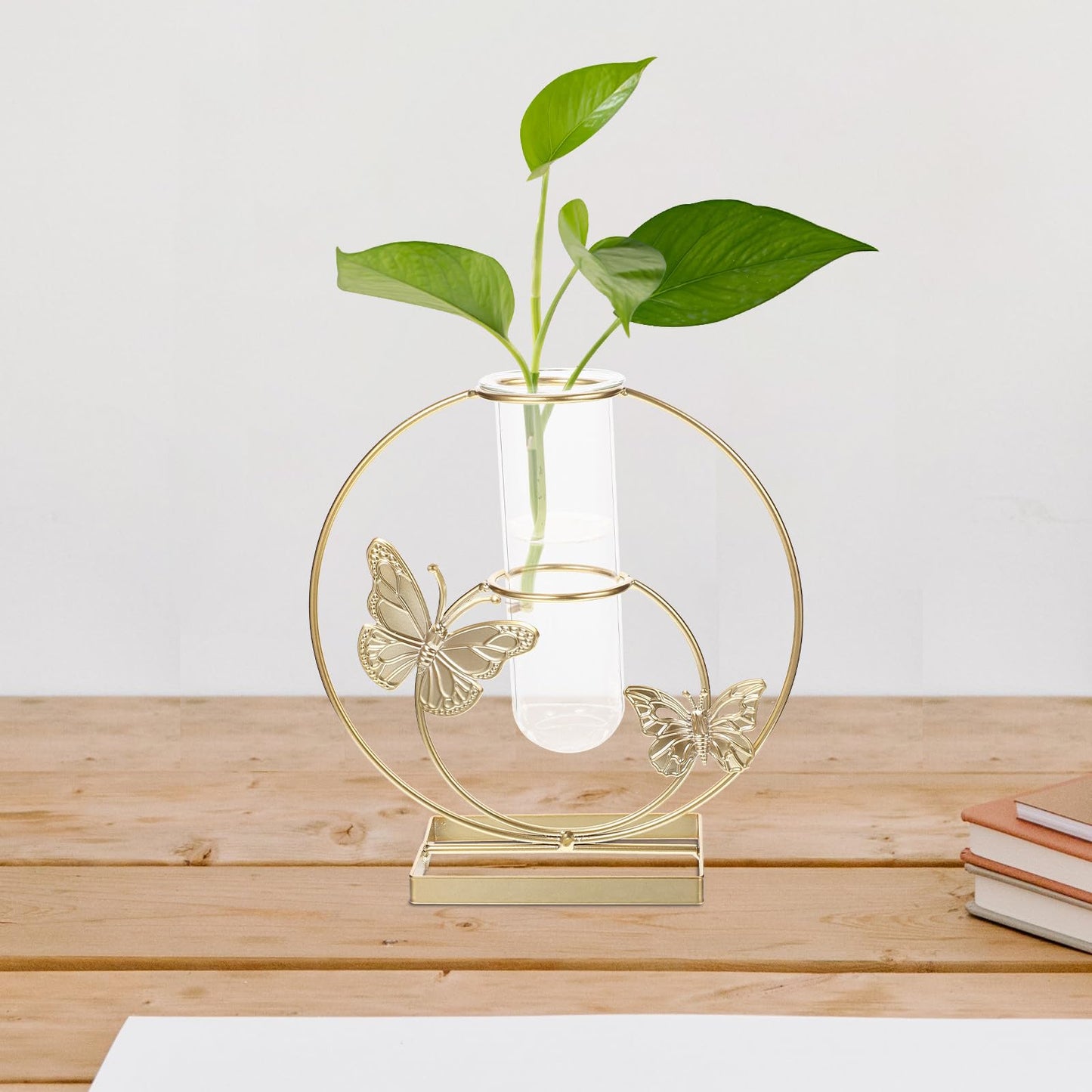 BESPORTBLE Hydroponic Desktop Vase Ornament with Butterfly Pattern, Round Glass Plant Terrarium, Metal Framed Flower Vase for Home Décor and Living Room Table Display