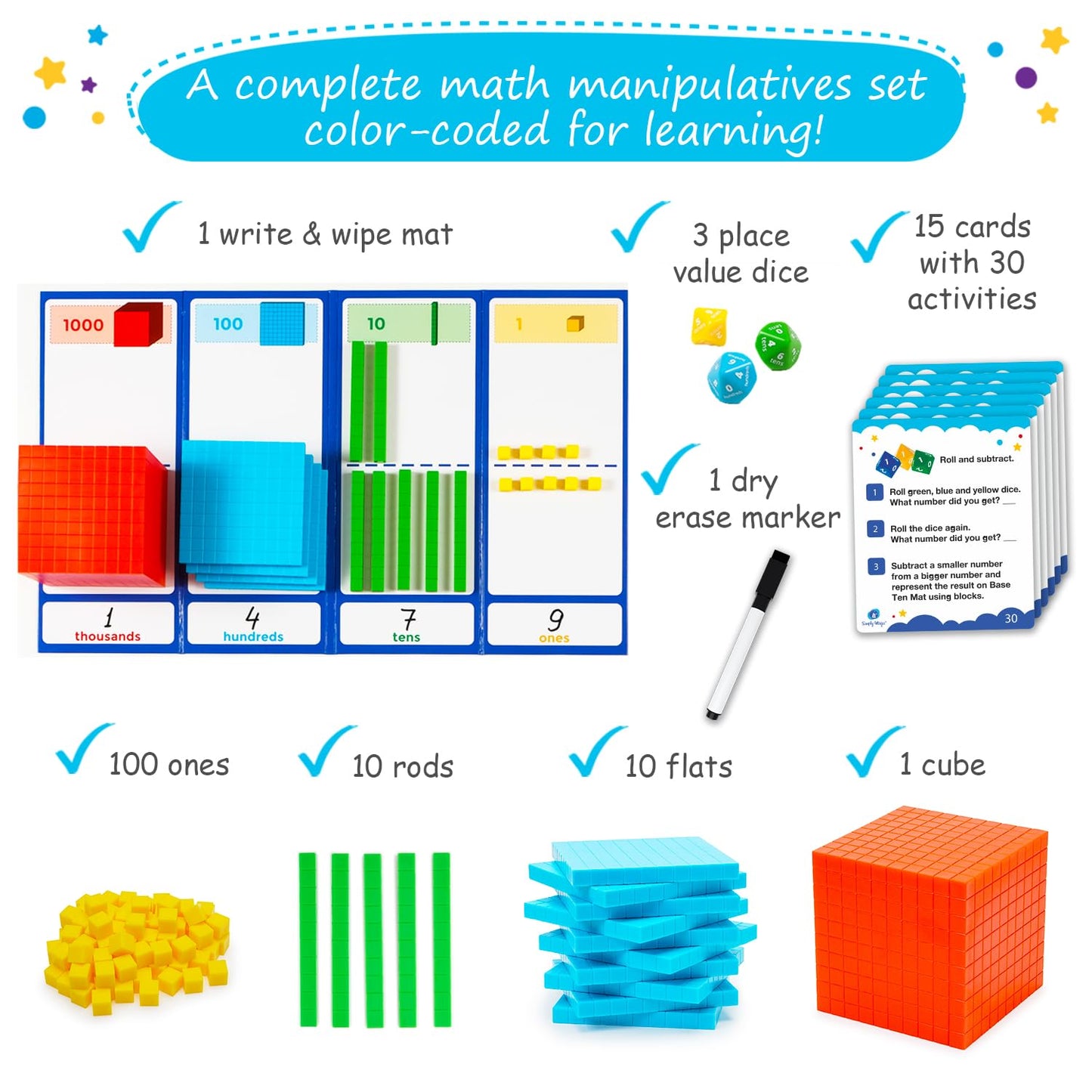 Simply magic 141 PCS Base Ten Blocks for Math - Math Manipulatives K-3, Unit Blocks 1st 2nd 3rd Grade, Counting Blocks - Kindergarten Set, Math Blocks Ones Tens Hundreds, Place Value Number Cubes