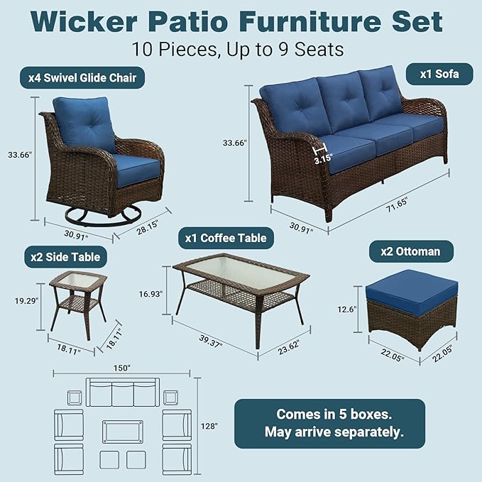 Patio Furniture Set, High Back Rattan Sofa & Swivel Rocker Chairs, Weather