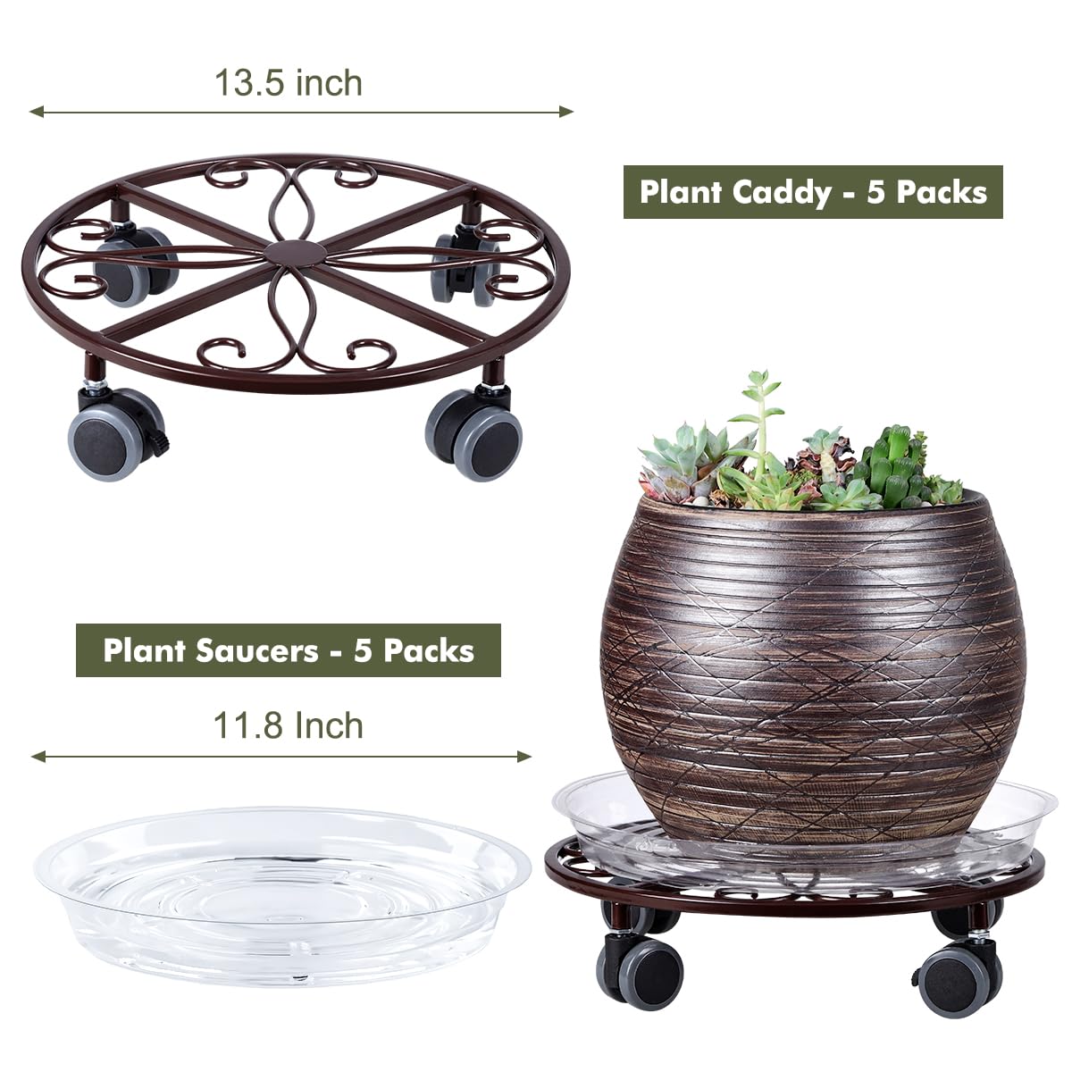 5 Pack Plant Caddy with Wheels Heavy Duty 13.5 Inches Metal Plant Stand with Wheels Plant Dolly Rolling Plant Stand Plant Roller with Casters for Indoor and Outdoor, Bronze