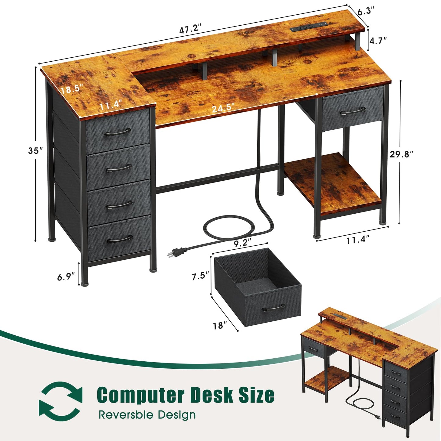 Korfile 47 Inch Computer Gaming Desk with Power Outlets LED Lights Reversible Home Office with Adjustable Fabric Storage Drawers for Working Writing Study, Rustic Brown
