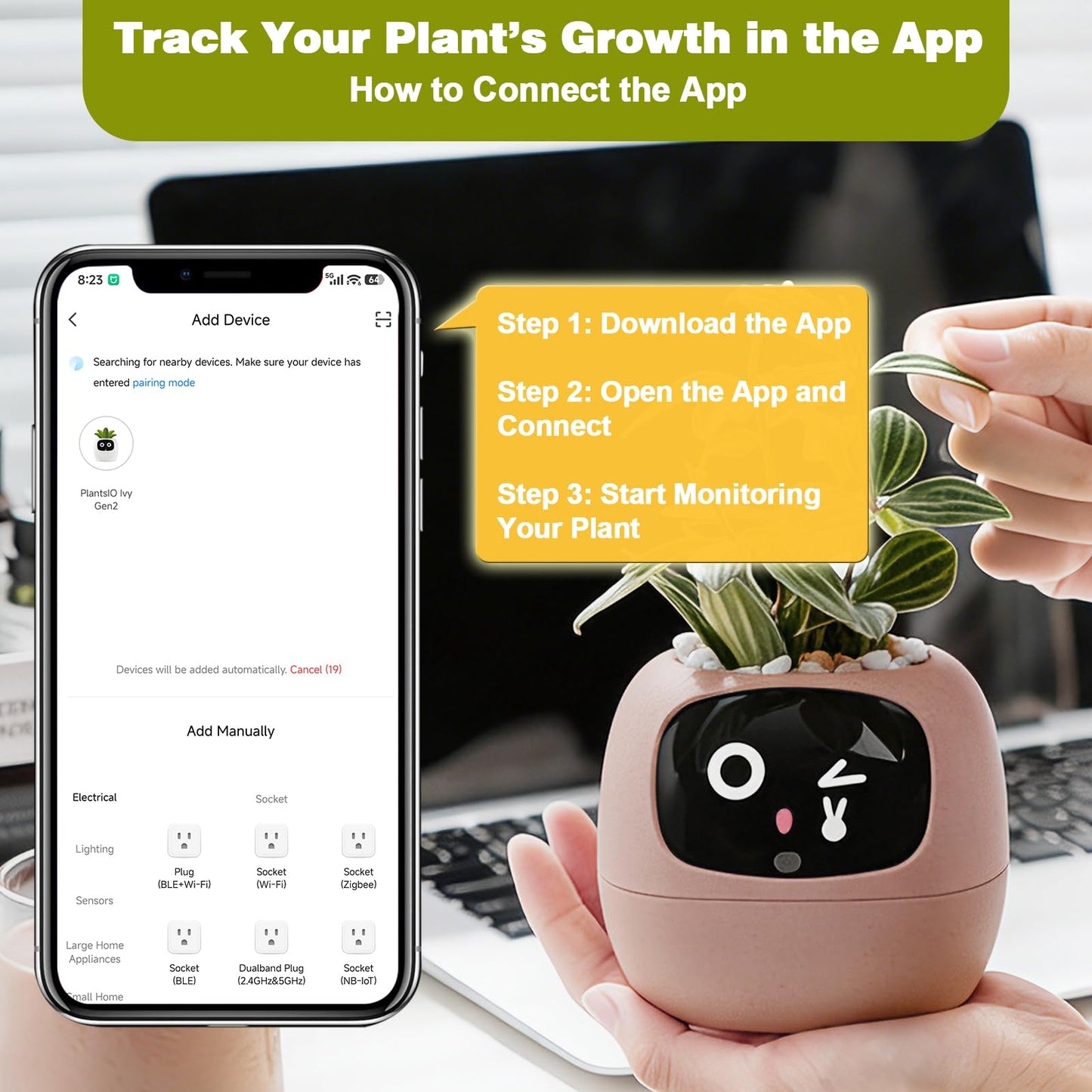 Smart Plant Pot with Visual Display – Soil Moisture, Water Level, Light & Battery Monitor, 80ml Self-Watering Reservoir, Supports 100+ Plants, Pomodoro Timer, Clock & Calendar-Pink