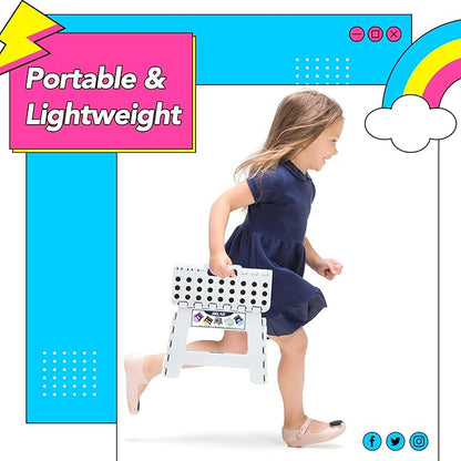 Delxo 9 Inch Folding Step Stool,White Step Stools for Kids Foldable,Portable Collapsible Step Stool with Handle, Folding Stool for Kitchen Bathroom,Bedroom,Garden