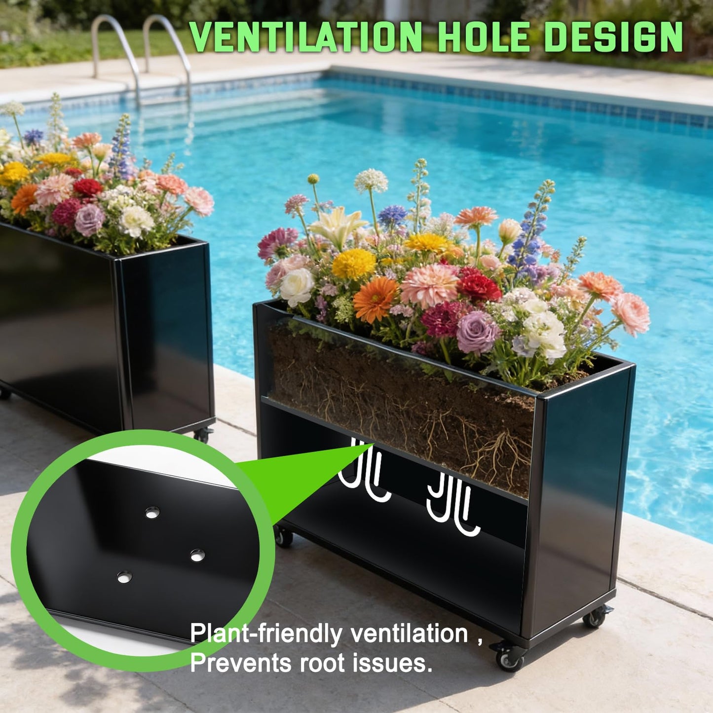 biubiusot Modern Metal Planter Box, Large Rectangular Planter for Outdoor Plants - Heavy Duty Tall Planter Box with Lockable Wheels Outdoor Planter for Porch/Patio/Garden (Black, 38"x12"x24.5")