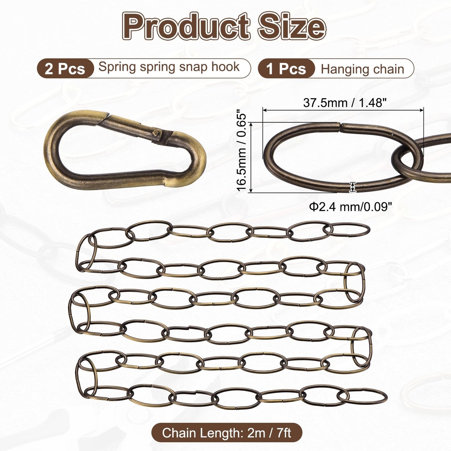 uxcell 7ft Lighting Hanging Chain, 2.4mm/0.09" Looping Metal Pendant Chandelier Chain Extension with 2 Spring Snap Hook for Hanging Plant Pendant Chandelier Light Fixture, Bronze