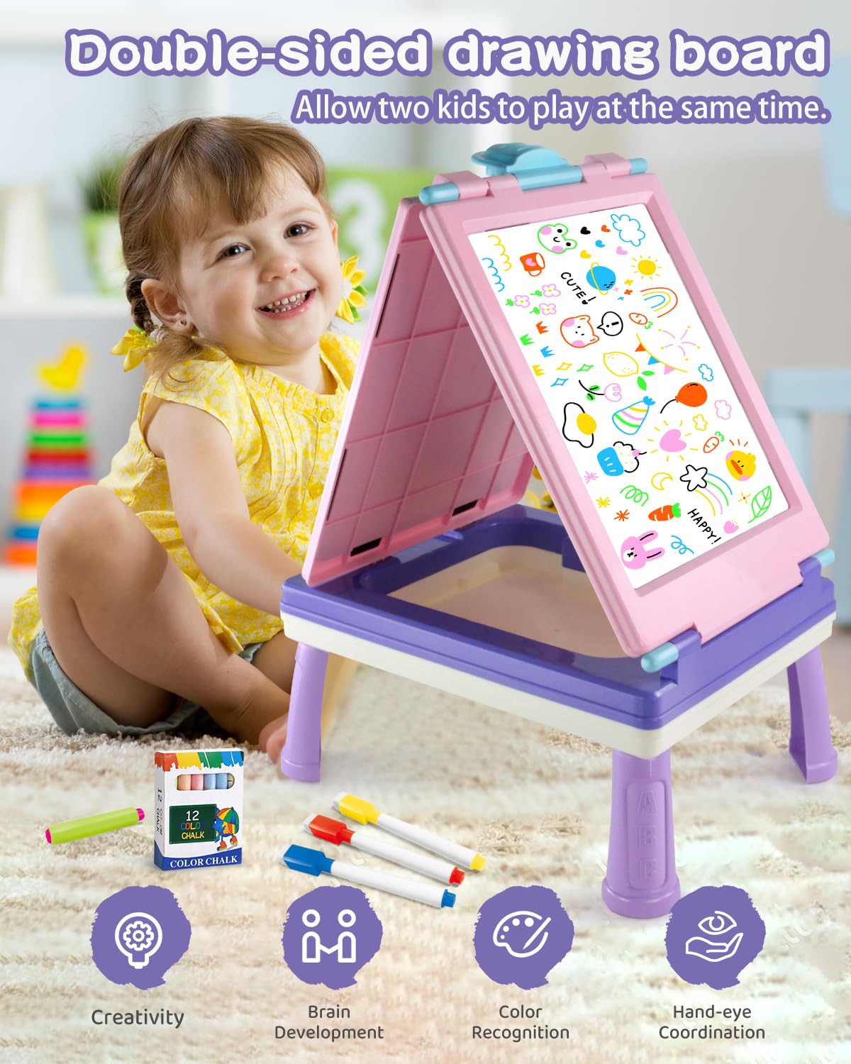 Elovien Easel for Kids, 4 in 1 Double Sided Toddler Art Easel with Chalkboard & Magnetic Whiteboard, Foldable Kid Tabletop Easel with Drawing & Writing Accessories - Educational Gift for Girl (Purple)