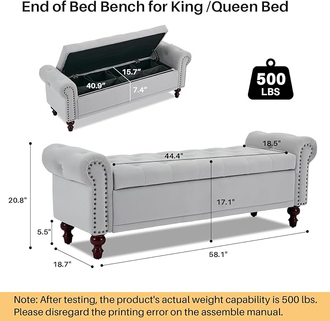 SOFTHION 58.1" Storage Bench Upholstered Velvet End of Bedroom Bed Bench Ottoman