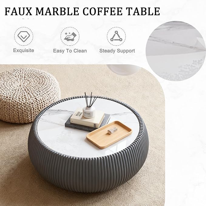 27.55" Round Marble Coffee Table, Modern Fluted Coffee Table