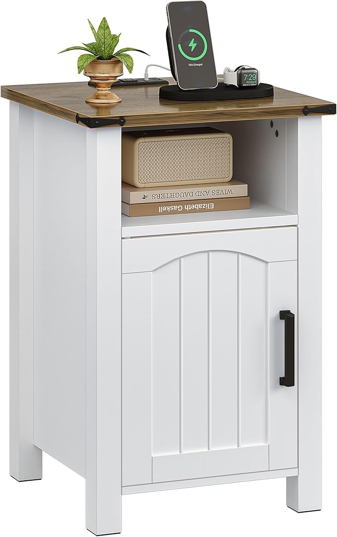 Farmhouse Nightstand with Charging Station, End Table with USB/Type-C Ports and