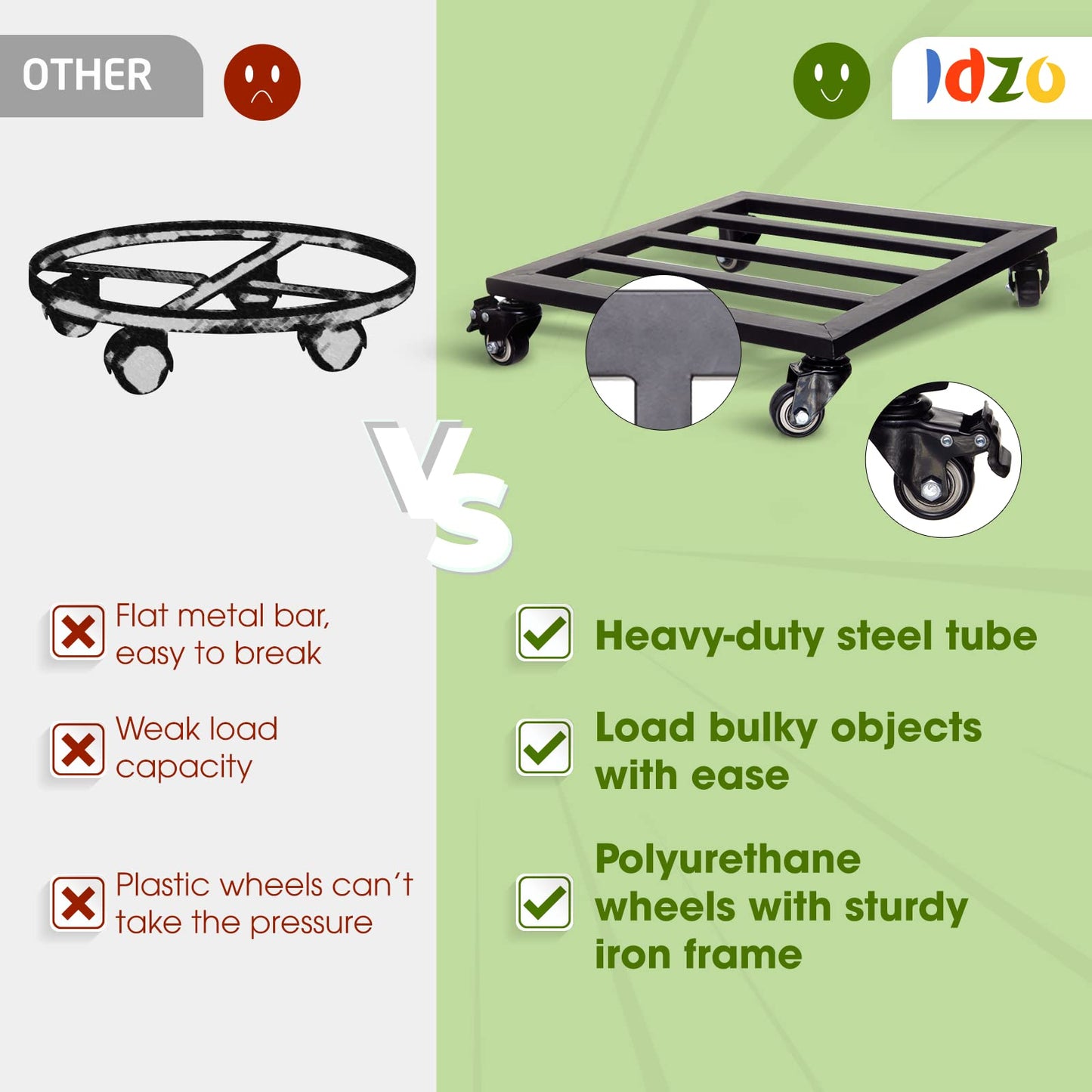 Idzo Plant Caddy with Wheels Lockable Heavy Duty Trolley Capacity 385 Lbs, Metal Cast Iron Plant Dolly, Plant Stand with Wheels Repositioning Heavy Pots 12Inch, Hauling Heavy Household Items - Black