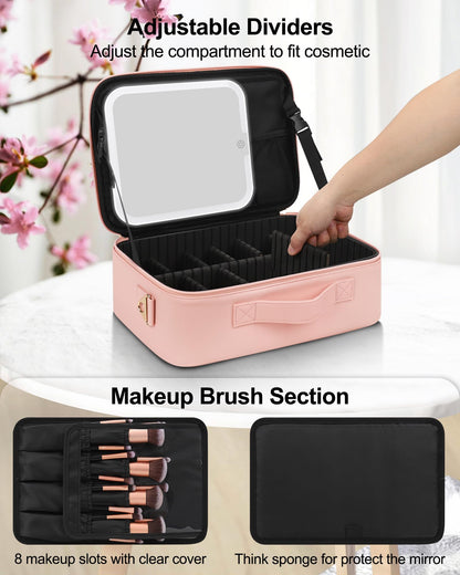 Relavel Travel Makeup Bag With LED Mirror, Cosmetic Train Case with Light up Mirror, Portable Makeup Artist Organizer Bag with Adjustable Dividers, Makeup Brush Holder Storage, Black