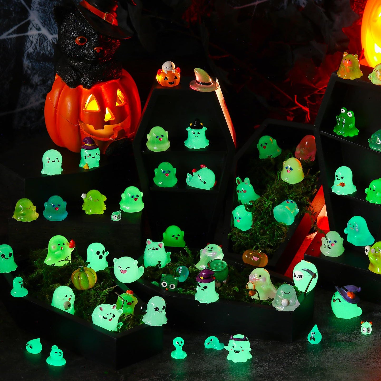 Sonwyoung 58 Pcs Halloween Luminous Mini Figures Glow in Dark Tiny Resin Figures Set Fairy House Diorama Accessories Halloween Pumpkin Ghost Skull Ornament for Garden Dollhouse Craft DIY (Wizard)