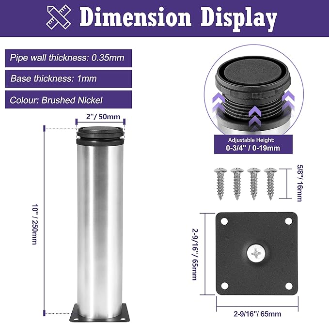 10 Inch Metal Furniture Legs Stainless Steel Adjustable Legs Silver Metal Legs