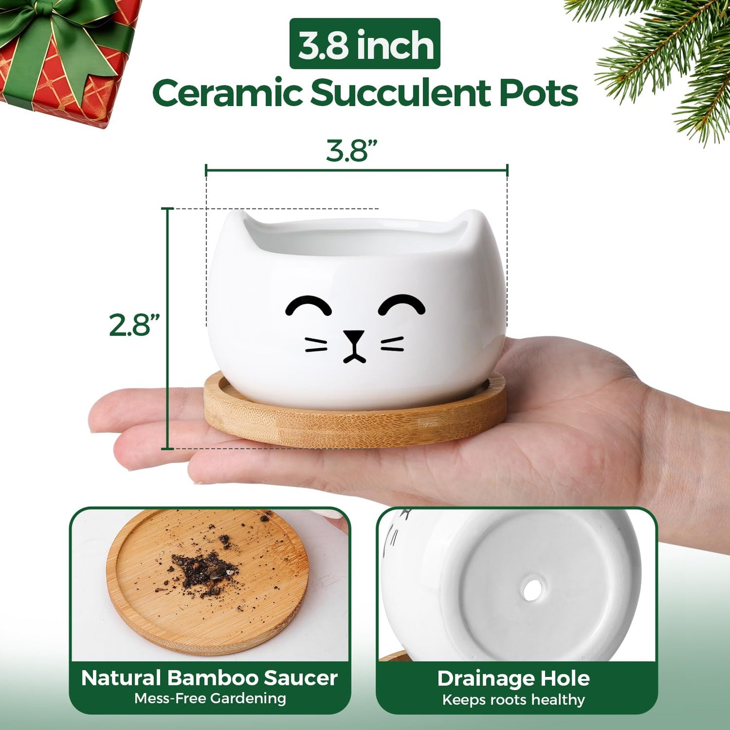 T4U Cat Planter 3.8 Inch, 3 Pcs Cute Cat Small Plant Pots for Indoor Plants, Mini Cat Succulent Pots for Plants, Ceramic Succulent Planters with Drainage, Tiny Flower Pots