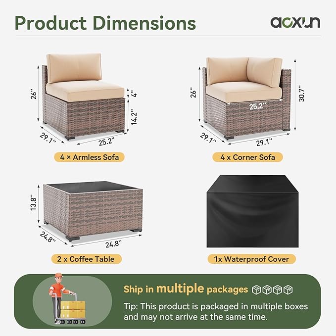 Aoxun 10 Piece Patio Furniture Set Wicker Rattan Patio Sectional Sofa Set