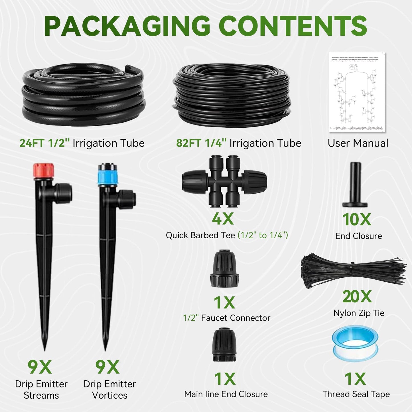 Drip Irrigation System,106FT Automatic Garden Watering System with 1/2" & 1/4" Fast-Lock Tubing Adjustable Nozzles & Sprinklers,Quick-Connect Drip Irrigation System Kit for Garden,Lawn,Potted Plants