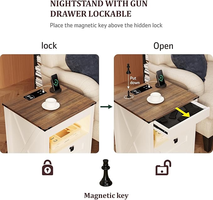 HWB LED Nightstand with Gun Drawer: Bedside Table with Charging Station
