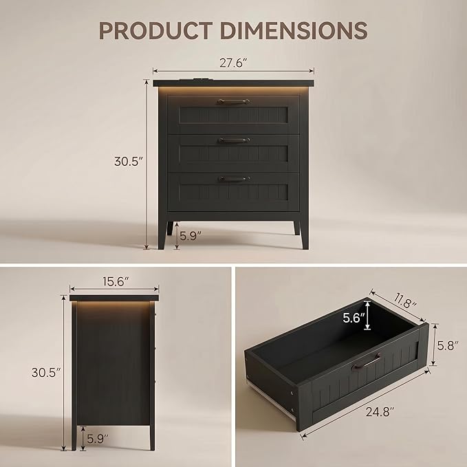 GarveeLife 3 Dresser Drawer for Bedroom, 27.6" Wide Wood Bedside Table for