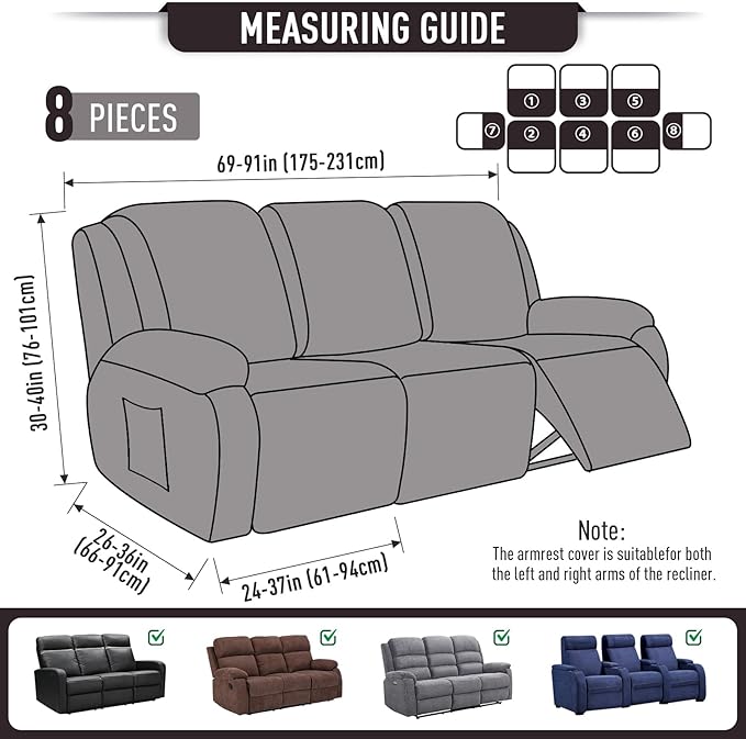 TAOCOCO Recliner Couch Covers for 3 Seat, 8-Pieces Stretch Large Couch Covers