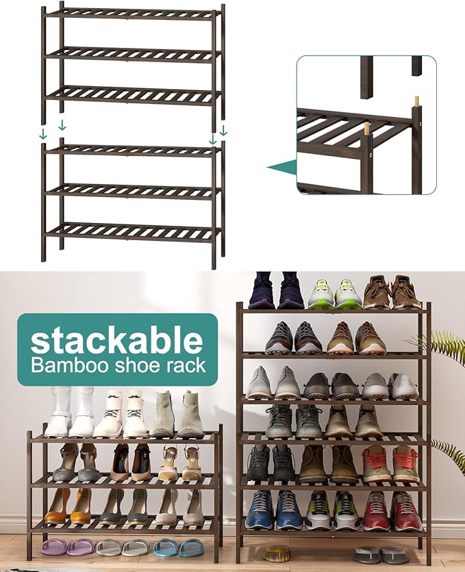 viewcare Shoe Rack for Closet, 3-Tier Bamboo Wood Shoe Racks, Stackable |