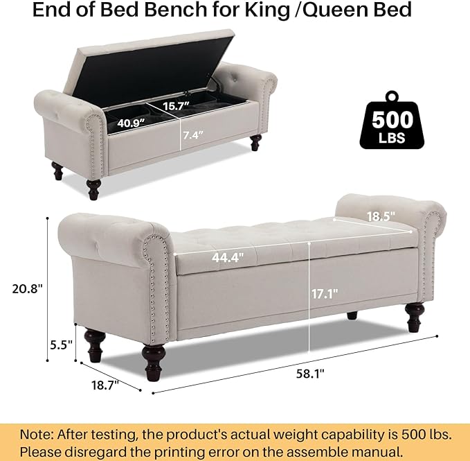 SOFTHION 58.1" Storage Bench Upholstered Linen End of Bedroom Bed Bench Ottoman